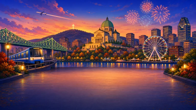 MTL Exits welcome illustration of Montréal at sunset, with a blue train, skyline, river, and fireworks.