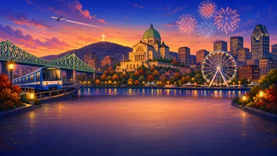 MTL Exits welcome illustration of Montréal at sunset, with a blue train, skyline, river, and fireworks.