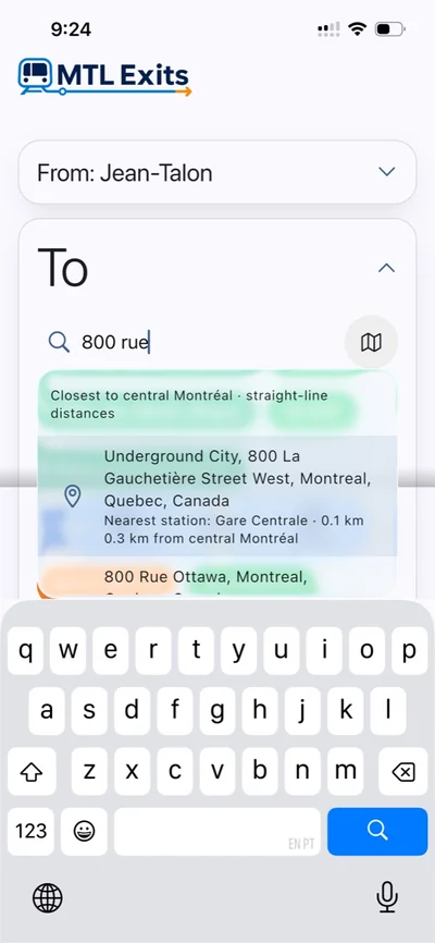 The To field contains “800 rue” and shows a public address on La Gauchetière Street West with Gare Centrale identified as the nearest station.