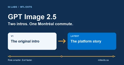 GPT Image 2.5: two intros, one Montréal commute. The original MTL Exits intro leads to the latest platform story.