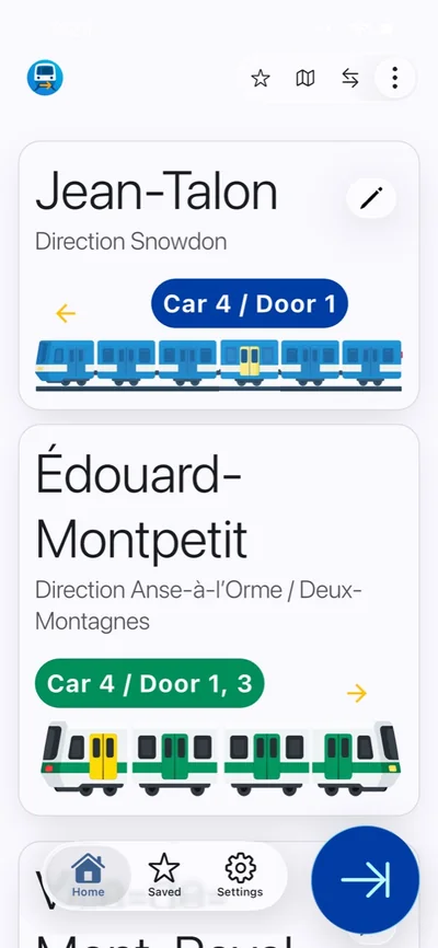 MTL Exits route cards show Jean-Talon toward Snowdon and REM from Édouard-Montpetit, with car and door recommendations and map and reverse controls.