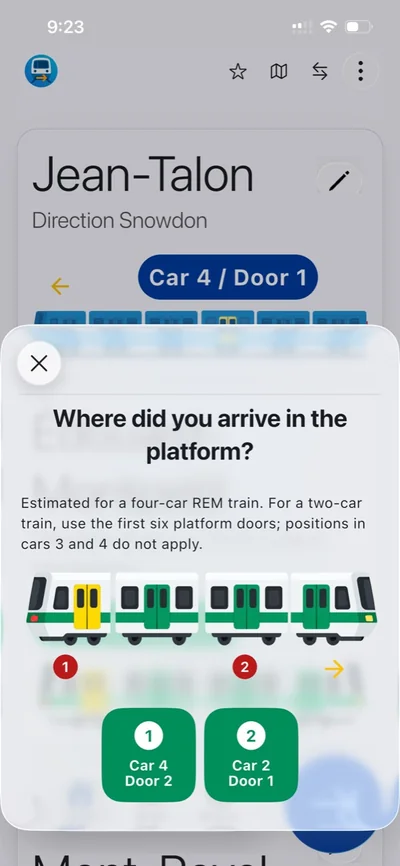 The REM entry picker offers Car 4 Door 2 and Car 2 Door 1, highlights the recommended car, and explains its four-car train assumption.
