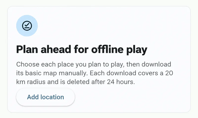 Fitopoly’s offline-play preparation panel explains downloading a basic map before an outing and offers an Add location button.