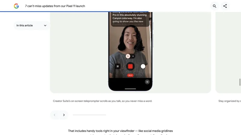Google’s official Pixel 11 launch article showing the Creator Suite teleprompter running in Pixel Camera.