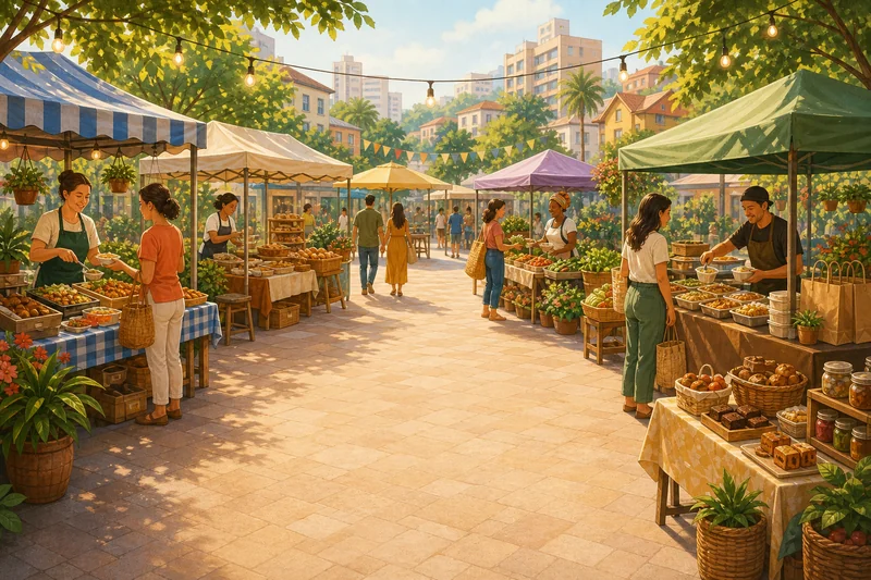 Plato artwork showing neighbors buying homemade meals and baked goods at a leafy outdoor neighborhood market.