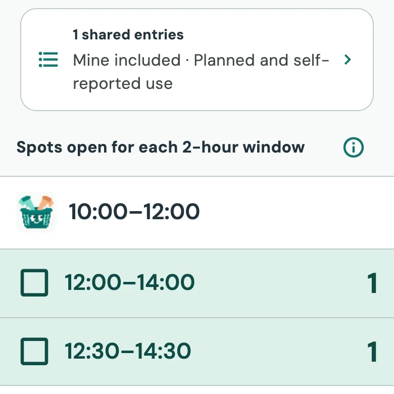Wash O’clock’s schedule showing planned and self-reported use, with open spots for two-hour windows.
