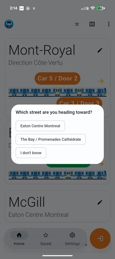 MTL Exits street-choice screenshot offering Eaton Centre Montreal, The Bay / Promenades Cathédrale, and an I don’t know option.