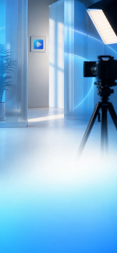 Blue studio illustration with a camera, softbox light, and framed Teleflow icon.