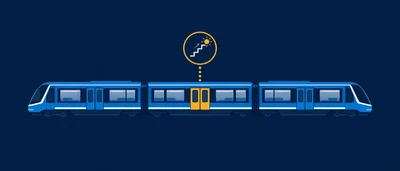 Conceptual MTL Exits illustration of a blue train with one yellow door connected to a street-exit symbol.