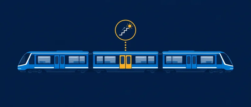 Conceptual MTL Exits illustration of a blue train with one yellow door connected to a street-exit symbol.