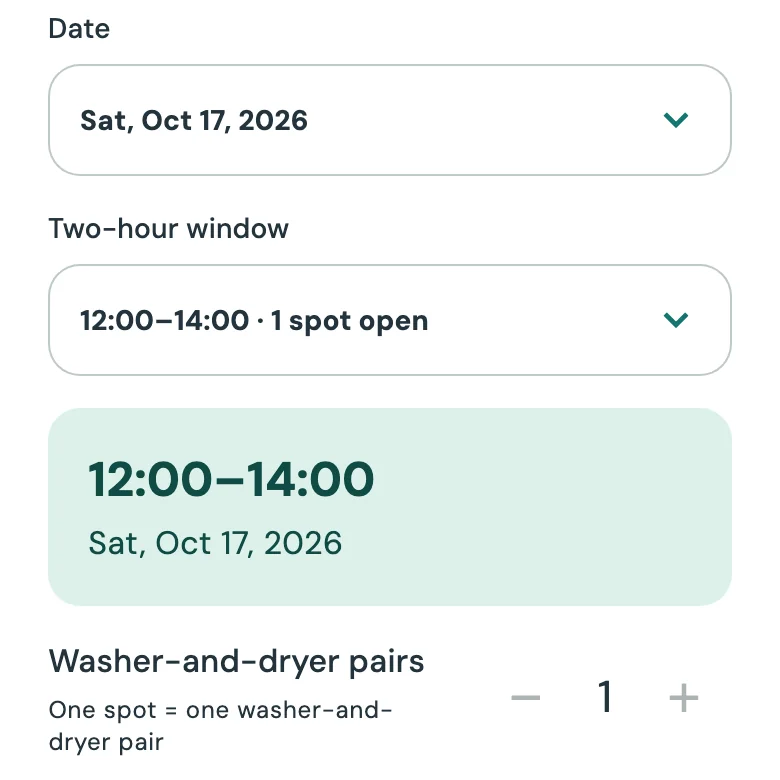 Wash O’clock plan form showing a two-hour window from 12:00 to 14:00 and a quantity of one washer-and-dryer pair.