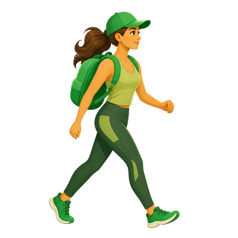 Fitopoly’s illustrated walking character in green clothing, carrying a backpack.
